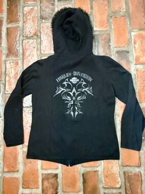 VTG Harley-Davidson hoodie with tribal back graphic and fur-trim hood, Size XL